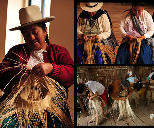 Tejido tradicional del sombrero ecuatoriano de paja toquilla