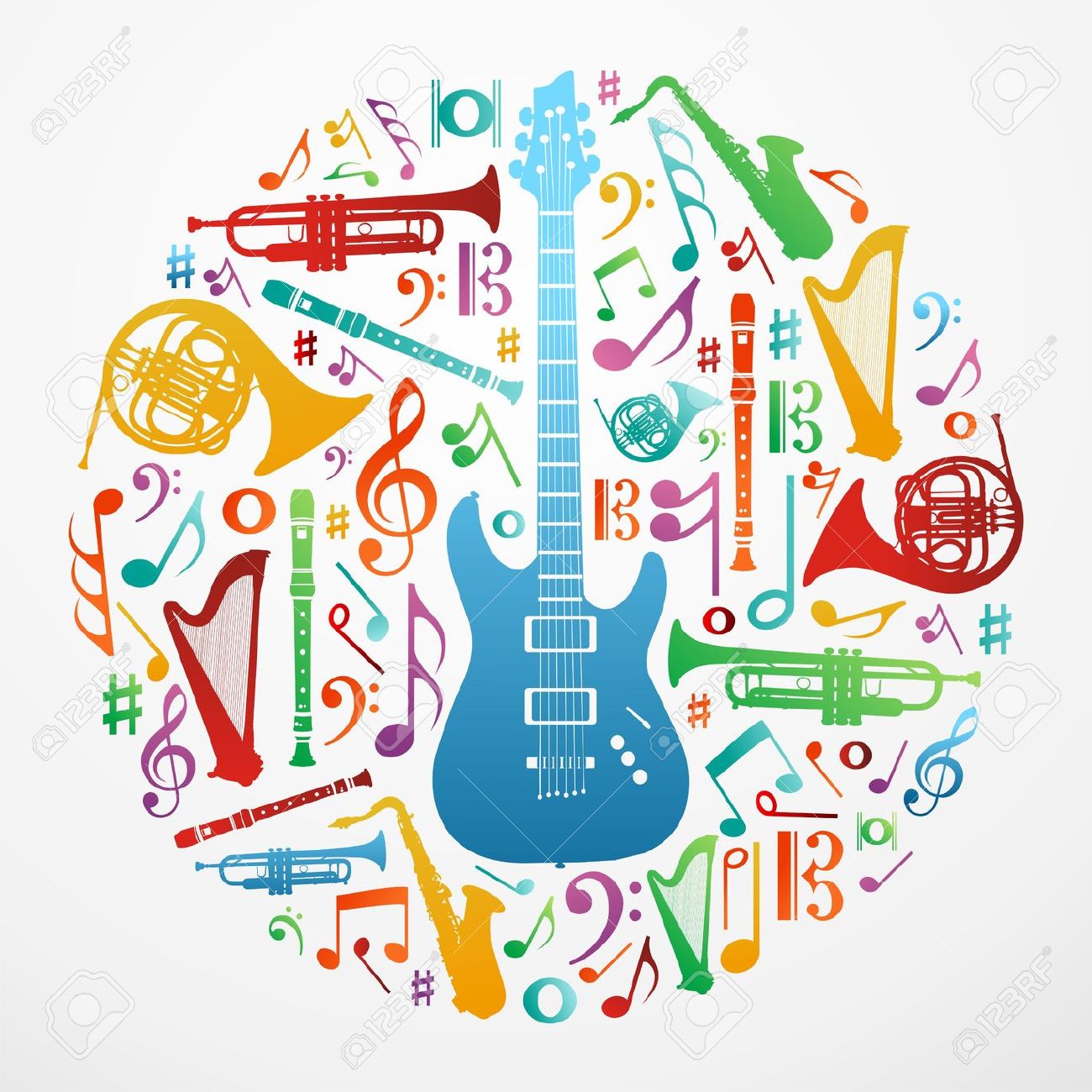 11859970-Multicolored-music-instruments-silhouette-in-circle-shape--Stock-Vector
