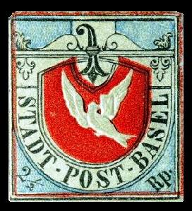 Suiza, Paloma de Basilea 1845,primer sello del cantón suizo