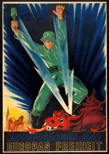 Afiche con alegoría al martillo de Thor que debían estar desarrollando los científicos y técnicos alemanes, durante la segunda guerra mundial