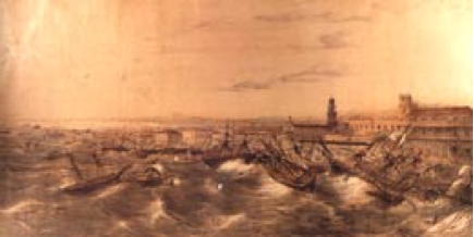 Grabado de Federico Mialhe que recrea el panorama desolador de la tormenta de San Francisco de Borja, 1846