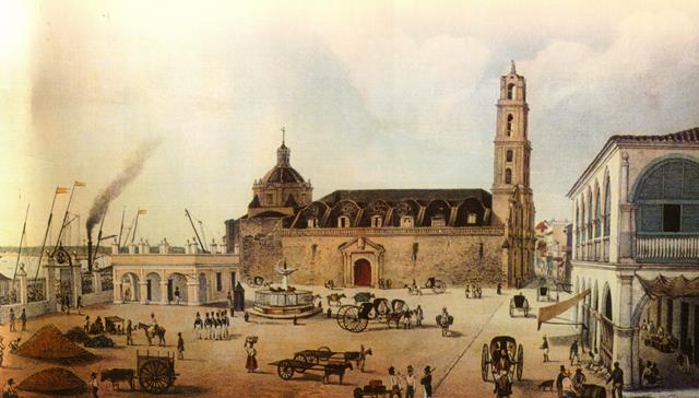 Vista antigua de la plaza con el pórtico