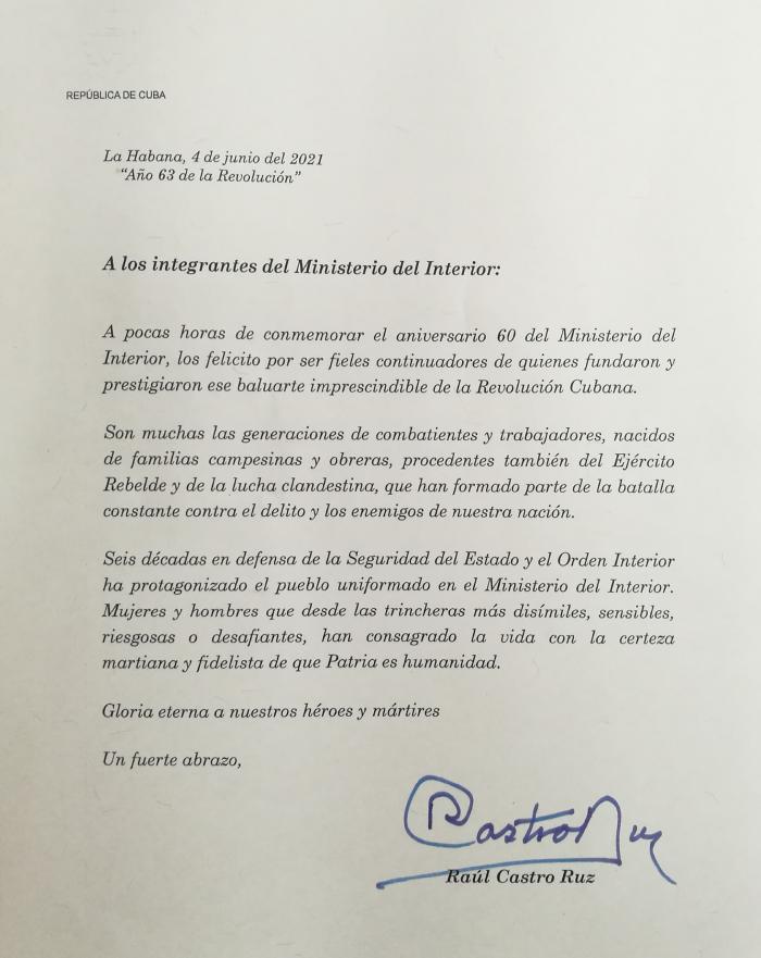 Carta de felicitación de Raúl por el 60 aniversario del MININT Foto: Sitio web del MININT