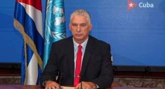 Presidente cubano habla en la ONU vía online. Foto: Alejandro Azcuy Domínguez.